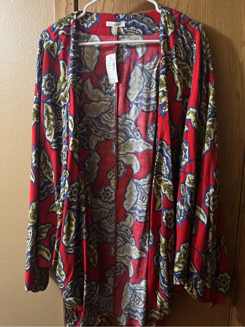 Maurices Red Floral Open-Front Cardigan with Blue and Cream Paisley